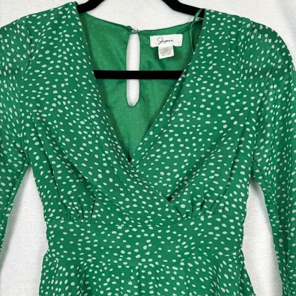 Japna Tiered Mini Dress Puff Sheer Sleeves Elastic and Tie Waist Green Size XS - Picture 2 of 14